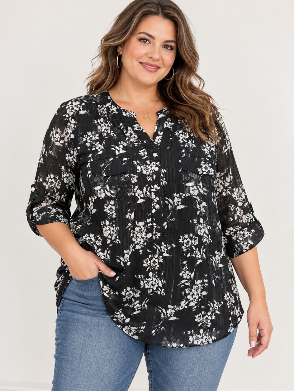 Avenue Plus Size Floral Sheer Lurex Blouse Top 22/24 Black White & Cami Like New